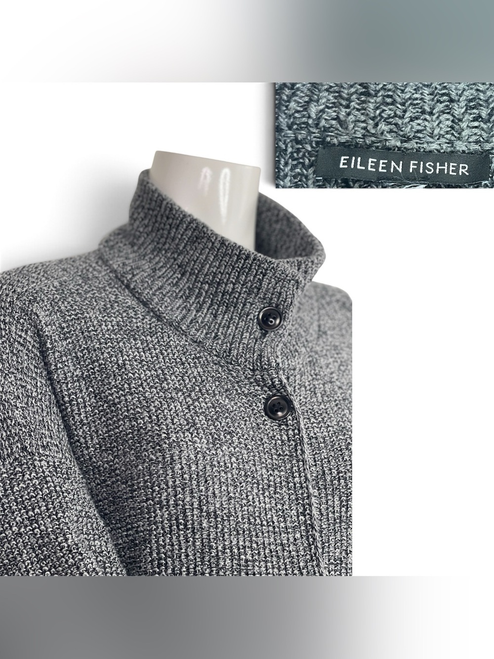 EILEEN FISHER Peruvian Organic Cotton High Collar Sweater Knit Cardigan Boxy L - Picture 8 of 11